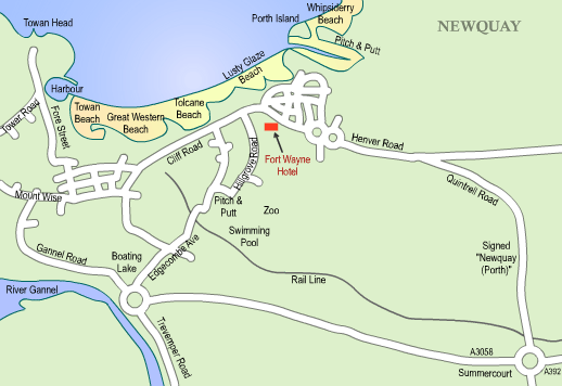 Map of Newquay and the Location of the Fort Wayne Hotel